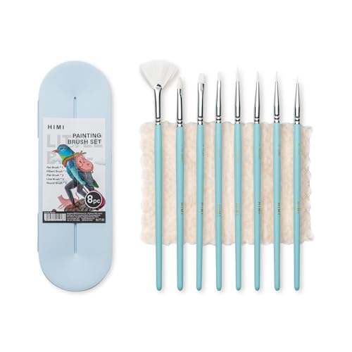 HIMI Paint Brushes Set 8 Pcs for Acrylic Oil Gouache Paint，2 Flat & 2 Round & 2 Liner &1 Filbret &1 Fan, 8pcs Brushs, Interesting Designed Nice Gift for Art hobbyist Beginners Artists (Blue,8 Pcs)