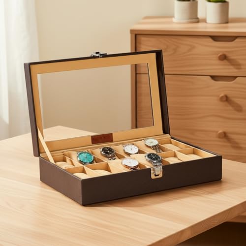 amazon basics Unisex Faux Leather Watch Organiser Box with 12 Slots |Watch Organiser with Transparent Lid |20.5D X 33.5W X 8H cm | Brown