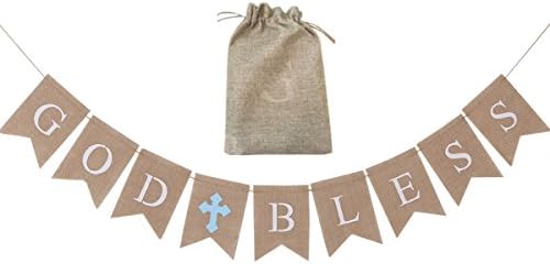 Baby Boy Baptism Christening Decorations Banner God Bless Communion Banner, Catholic Christening Favors, Natural Burlap, Comes with Storage Bag (Full Length:5.9ft) - Lakeblue Cross