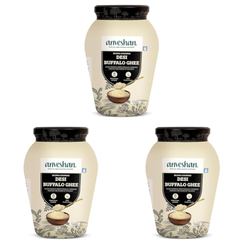 Image of Anveshan A2 Desi Buffalo Ghee 1L | Glass Jar | Bilona Ghee | Grass Fed Buffaloes | Jaffrabadi Buffalo | Gujarat Region | Pure & Natural | Nutritional Powerhouse | Lab-Tested (1L) (Pack of 3)