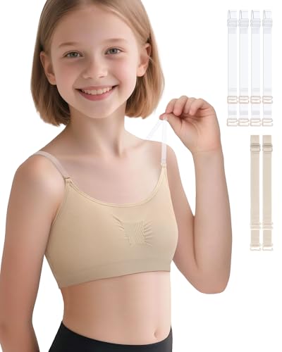 iMucci Training Bras for Girls Seamless Bra Girls Nude Bra with 2 Pairs Adjustable Clear Bra Straps Silicone Pads