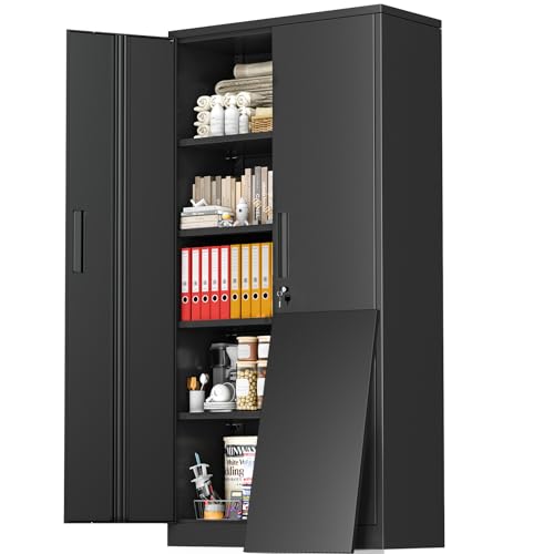 Greenvelly Metal Storage Cabinet with Lock, 72” Black Garage Storage Cabinet with Doors and...