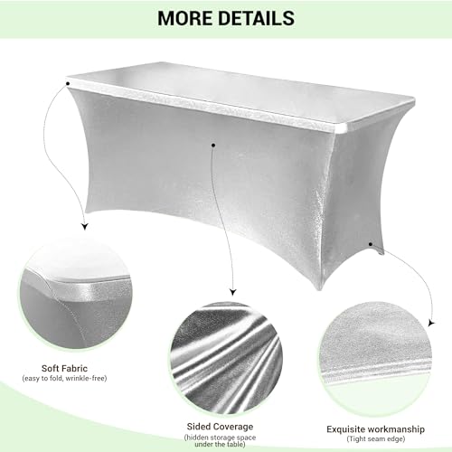 Image of Obstal 6ft Stretch Spandex Table Cover for Standard Folding Tables - Universal Rectangular Fitted Tablecloth Protector for Wedding, Banquet and Party, 72L x 30W x 30H Inches, Stamping Silver, 2pc