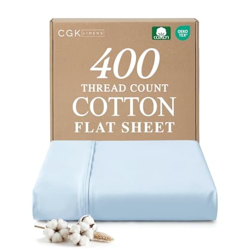 Queen 400 Thread Count 100% Cotton Flat Sheet - Comfortable, Cooling & Breathable Cotton - Top Flat Sheet Only - Luxury Hotel Quality Bedding - Soft and Comfy - Easy Care, Wrinkle Free - Lig