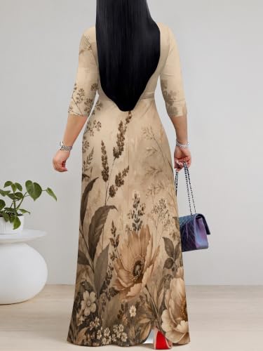 Image of PinkPatty Plus Size Maxi Dress for Women Casual V Neck 3 /4 Sleeve Boho Printed Long Dress with Pockets