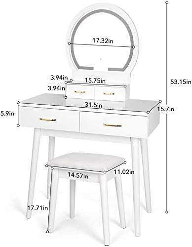 amzdeal Vanity Set with Lighted Mirror, Makeup Vanity Dressing Table with Touch Screen Dimming Mirror, 3 Color Lighting Modes 4 Drawers Dresser Desk and Cushioned Stool Set - White