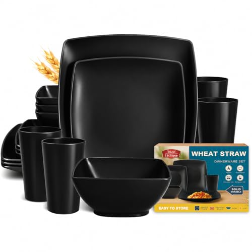 Teivio 16-piece Plastic Wheat Straw Square Dinnerware Set for 4,...