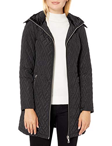 Calvin Klein Women's Walker Length Faux Fur Trimmed, Diamond Quilting Pattern, BLACK, M