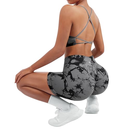 Image of SUUKSESS Women Seamless Workout Sets Strappy Sports Bra High Waist Booty Shorts Outfits