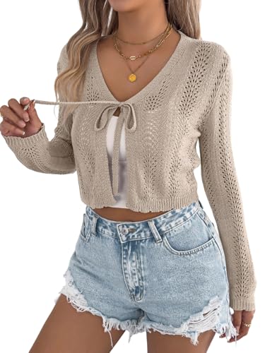 Image of Spicy Sandia Tie Front Sheer Shrug 3 /4 Sleeve Cropped Crochet Cardigan for Summer Lightweight