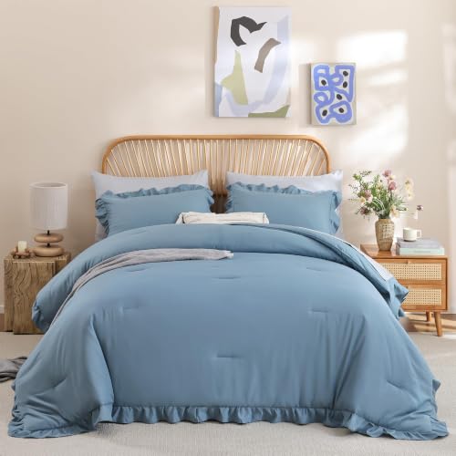 Image of JANZAA Mineral Blue Comforter Set Twin - Soft Microfiber, Lightweight All Season Bedding, Ruffle Shabby Chic Aesthetic, Breathable Cozy Bed Set with 1 Pillow Shams, Machine Washable