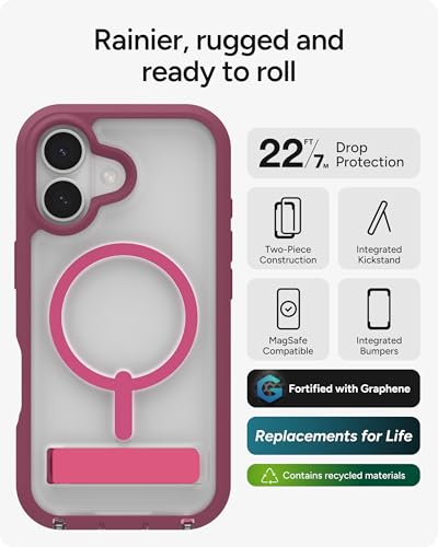 Image of ZAGG Rainier Case with Kickstand for iPhone 17 - Red Black Cherry, Graphene 22ft (7m) Drop Protection, Lanyard Attach Points, MagSafe, Wireless Charging Compatible, 2-Piece Design, Phone Case