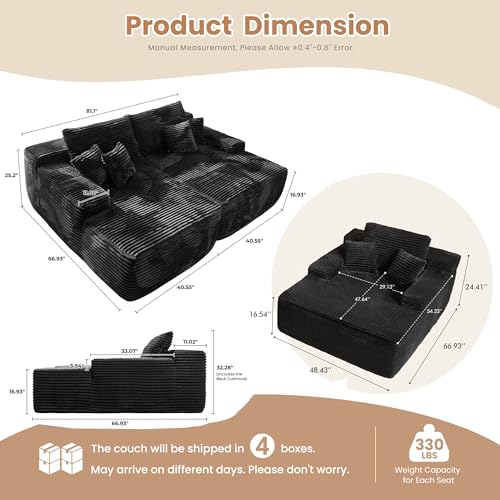 Image of HOOOWOOO Cloud Sectional Couches for Living Room,Modular Sectional Sofa No Assembly,Plush Corduroy Large Floor Couch Furniture Set with Deep Seat Double Chaise and Singlar Lounge(Black)