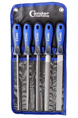 Condor Werkzeug 5950 | Werkstattfeilen-Satz | 200 mm | 5-tlg. | Feilen-Set | rutschsicherer 2-Komponenten-Griff | DIN 7261 | Flachstumpf-, Halbrund-, Dreikant-, Vierkant-, Runde-Feile