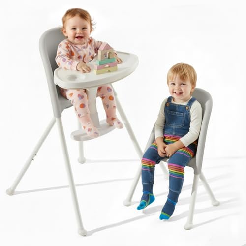 Mallify Foldable High Chair, Space-Saving Portable Baby High Chair with Removable Double Tray, Modern Convertible Baby Feeding Chair, Lightweight, Easy to Clean, Gray