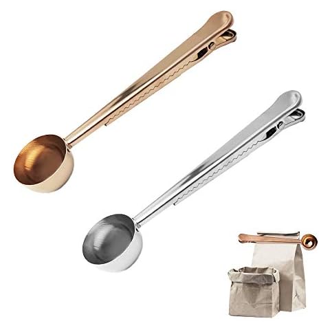 Cyleibe 2er Pack Kaffeeschaufel, Edelstahl-Messlöffel Kaffeelöffel mit Kaffeebeutel-Clip für gemahlenen Kaffee, Espresso, Kaffeebohnen (Silber & Roségold) Cover