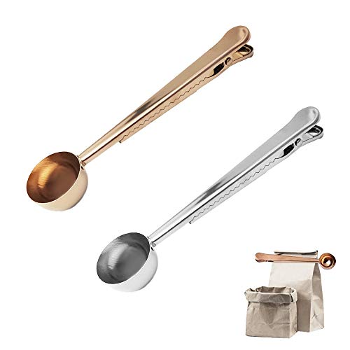 Cyleibe 2er Pack Kaffeeschaufel, Edelstahl-Messlöffel Kaffeelöffel mit Kaffeebeutel-Clip für gemahlenen Kaffee, Espresso, Kaffeebohnen (Silber & Roségold) Cover