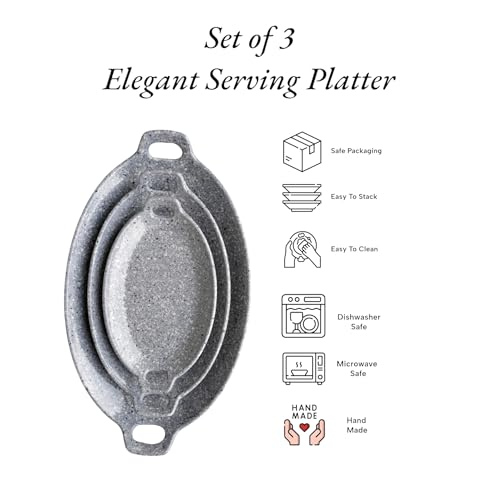 Image of Serving Platter | Melamine Snack Platter | Multi-Purpose Kitchen Serving Platter | Versatile Chip and Dip Tray for Snacks, Starters & Desserts | Lightweight & Dishwasher Safe | Set of 3 (GREY MARBLE)