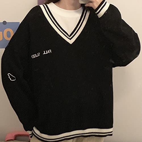 Image of Korean Women's Sweater Academy Style V-Neck Letter Pullover Women's Casual Loose Sweater