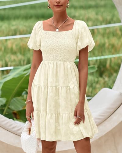 Image of dowerme Womens Summer Dresses 2025 Puff Short Sleeve Square Neck Smocked Floral Wedding Guest Mini Dress with Pockets