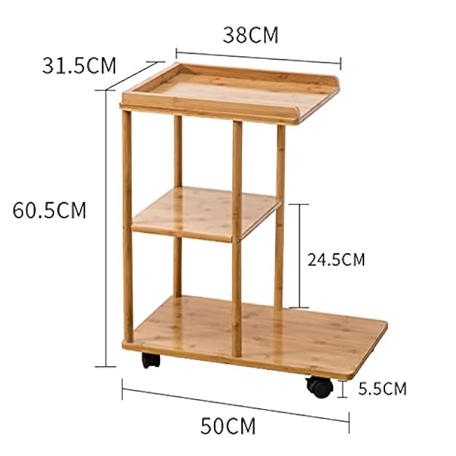 Trolley Serving Service Trolley, 3-Tier Storage Shelf L-Shaped Design Grooved Countertop, Bamboo Mobile Storage Trolley with Lockable Wheels, 31.5x50x60.5CM-KIO7NhlT