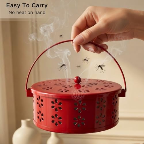Image of DSH Metal Mosquito Coil Holder with Lid & Handle Ash Catcher Stand for Mosquito Coil Indoor Outdoor Safe Use (Red)