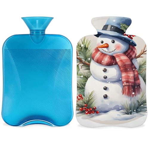Hot Water Bottle with Soft Cover,2L Christmas Snowman Hot Water Bag for Hot and Cold Compress, Hand Feet Warmer, Modern Snowman Rubber Hot or Cold Water Bottle Halloween Christmas Decorations