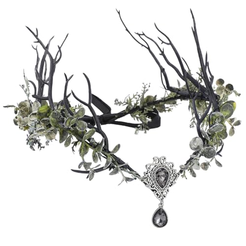 MOSTORY Wikinger Feenkrone für Faschingskostüme Damen Grün Waldfee Kopfschmuck mit Zweige und Blätter für Renaissance Kostüm Cosplay