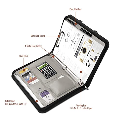 Atailorbird Padfolio,Magnetic Handle Pu Leather Zippered Portfolio With 3 Ring Binder Document Organizer For Business Interview Office,Gray #TOP2