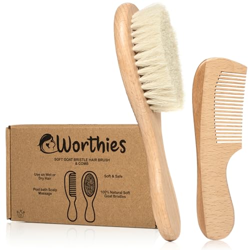 Worthies Baby Hair Brush & Comb Set, Wood Hair Brush with Soft Goat Bristles and Comb, Newborn Infant & Toddler for Cradle Cap