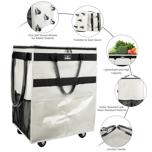 Reusable Grocery Bag with Wheels,Foldable Shopping Rolling Tote Bag,Shopping Trolley Cart with Zippered Top,Heavy Duty Handles,Lightweight,Carries Up to 66 LBS,X-Large,Beige