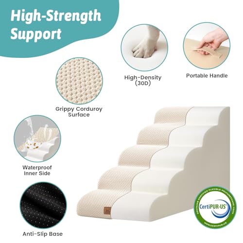 Image of COZY KISS Dog Stairs for Small Dogs, 5 Step Pet Stairs for Beds & Couches | 19.7 inch H Curved Non-Slip Foam Dog Steps with Washable Cover for Puppies, Older Cats & Small Dogs, 15.7x33x19.7 in, Beige