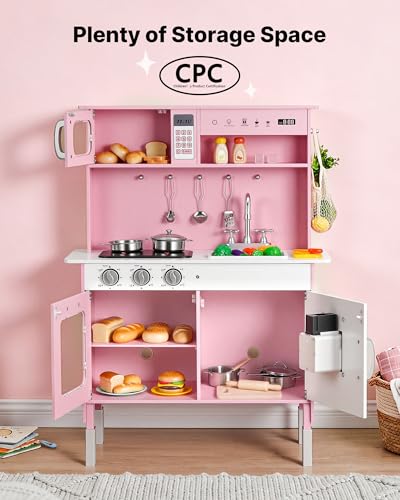 Image of VEVOR Play Kitchen for Kids, Wooden Kids Kitchen Playset with Real Lights & Sounds, Food & Cookware, Pretend Play Toy Set, Microwave, Oven, Clicking Knobs, for Toddlers, Girls & Boys Ages 3-8, Pink