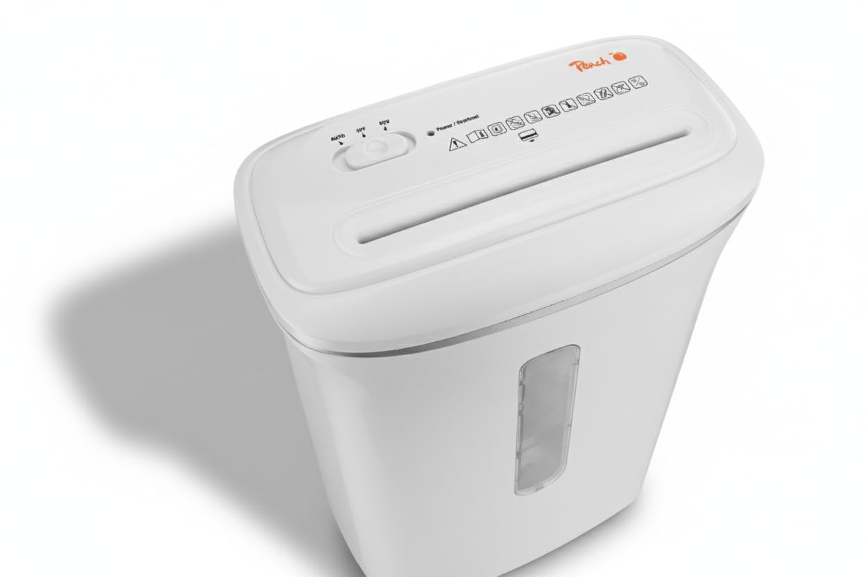 Peach Distruggidocumenti microtaglio – 4 fogli – 12 litri/130 A4 – solo 2 x 14 mm dimensione particelle (P-5) – A4 circa 2200 particelle – conformità DSGV – silenzioso solo 65 dB(A) – PS600-06A