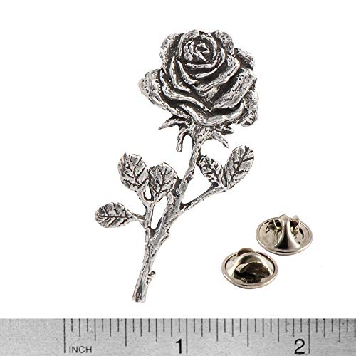 Rose and Stem Flower, A137PR, Premium Pins, Pin, Lapel Pin, Hat Pin, Brooch, Brooches, Jewelry, Gift, Handmade in The USA, Antiqued Pewter