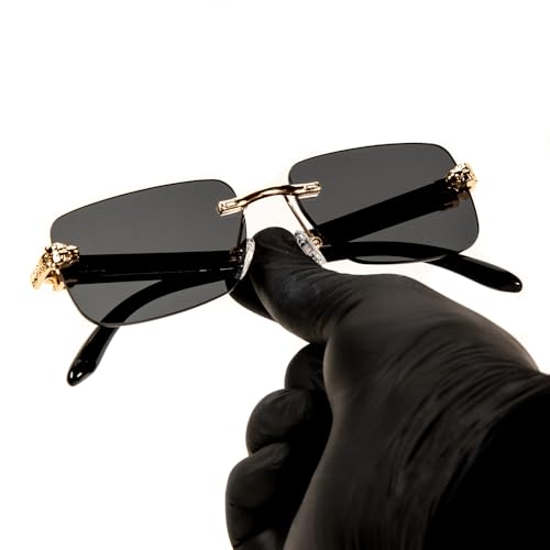 Street Knitted Luxury Gold Frame Unisex Rectangular Rimless Dark Black Tint Lens Retro 90's Stylish Leopard Head Hip Hop Sun Glasses Frameless Square Buffs Summer Shades Sunglasses For Men And Women2