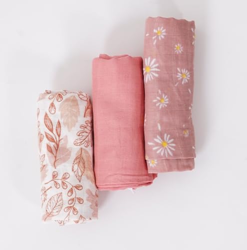 Image of Muslin Swaddle for Baby, 3 Pack, Floral and Solid Patterns (Pink)