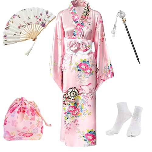 Robe japonaise geisha yukata fleurie avec éventail et chaussettes tabi