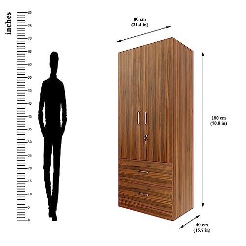 Image of VIKI Wardrobe | Wooden Almirah for Clothes,Door for Bedroom, 2 Door Wardrobe with Drawer & Hanging Space (Brussel Walnut - 40D x 80W x 180H) | 1 Year Warranty | Free Assembly