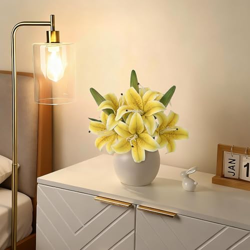 GARVEETECH Artificial Tiger Lily Flowers 3 Pcs, Real Touch Yellow Lily Faux Flowers,6 Blooms & 3 Buds,Ceramic Vase Included,Home Table Wedding Baby Shower Birthday Party Centerpiece Decoration