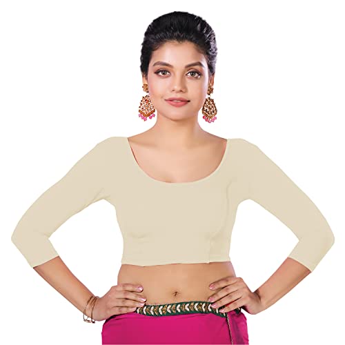 Image of Abhi Cotton Readymade Saree Blouse for Women- 3 /4 Sleeve, Round Neck, Regular-fit, Stretchable, Pull-on Style