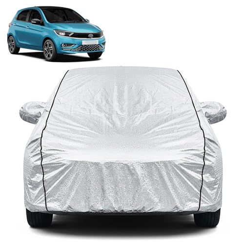 Image of Waterproof Car Cover for Tata Tiago | Dustproof, UV Resistant & Scratch Protection | Soft Cotton Lining | Triple Stitched | Mirror Pockets & Elastic Fit | Silver
