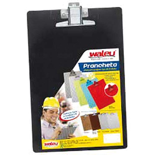 Prancheta Plastica Oficio Preta Gancho Metal Waleu, Multicor