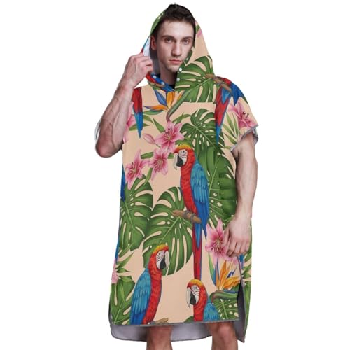 Peignoir de bain à capuche coloré motif perroquets tropicaux bleu et rouge pour le surf - 8