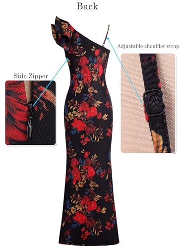 Image of VFSHOW Womens Ruffle One Shoulder Strap Ruched Formal Prom Wedding Maxi Dress V Neck Elegant Split Cocktail Evening Long Gown