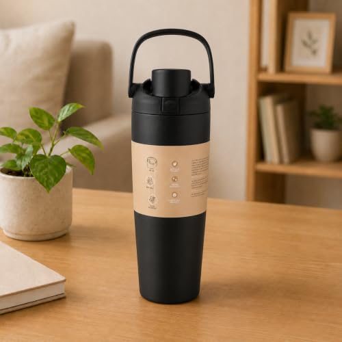 Image of HomeCloud 1200ML Stainless Steel Water Bottle - Double-Wall Vacuum Insulated, Leakproof Straw Lid, BPA-Free Reusable Travel Flask with Two-Way Spout for Gym, Office & Outdoor Use (B Black)