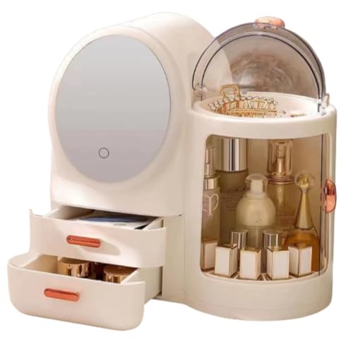 Sailozai大容量化粧品収納ボックス、ミラー付きLEDライト、デスクトップドレッサー軽量、回転式ハイエンドデスクスキンケア収納ラック (雪塩白309)