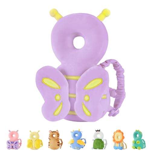 Image of JunNeng Baby Head Protector Backpack for Walking Crawling, Purple Butterfly | Soft, Breathable, Adjustable, Baby Fall Back Head Protector for Falling