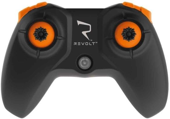 Top view of the black and orange remote controller for the helicopter.
