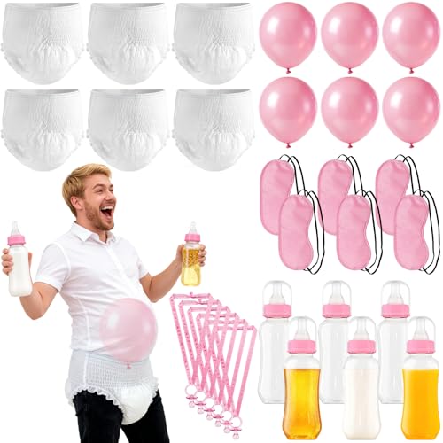 6 Sets Baby Bottles for Baby Shower Game Bottle Chug Baby Shower Games Plastic Baby Bottle for Feeding Blindfold Party Game Set Funny Diaper Change Eye Mask Award Race Game